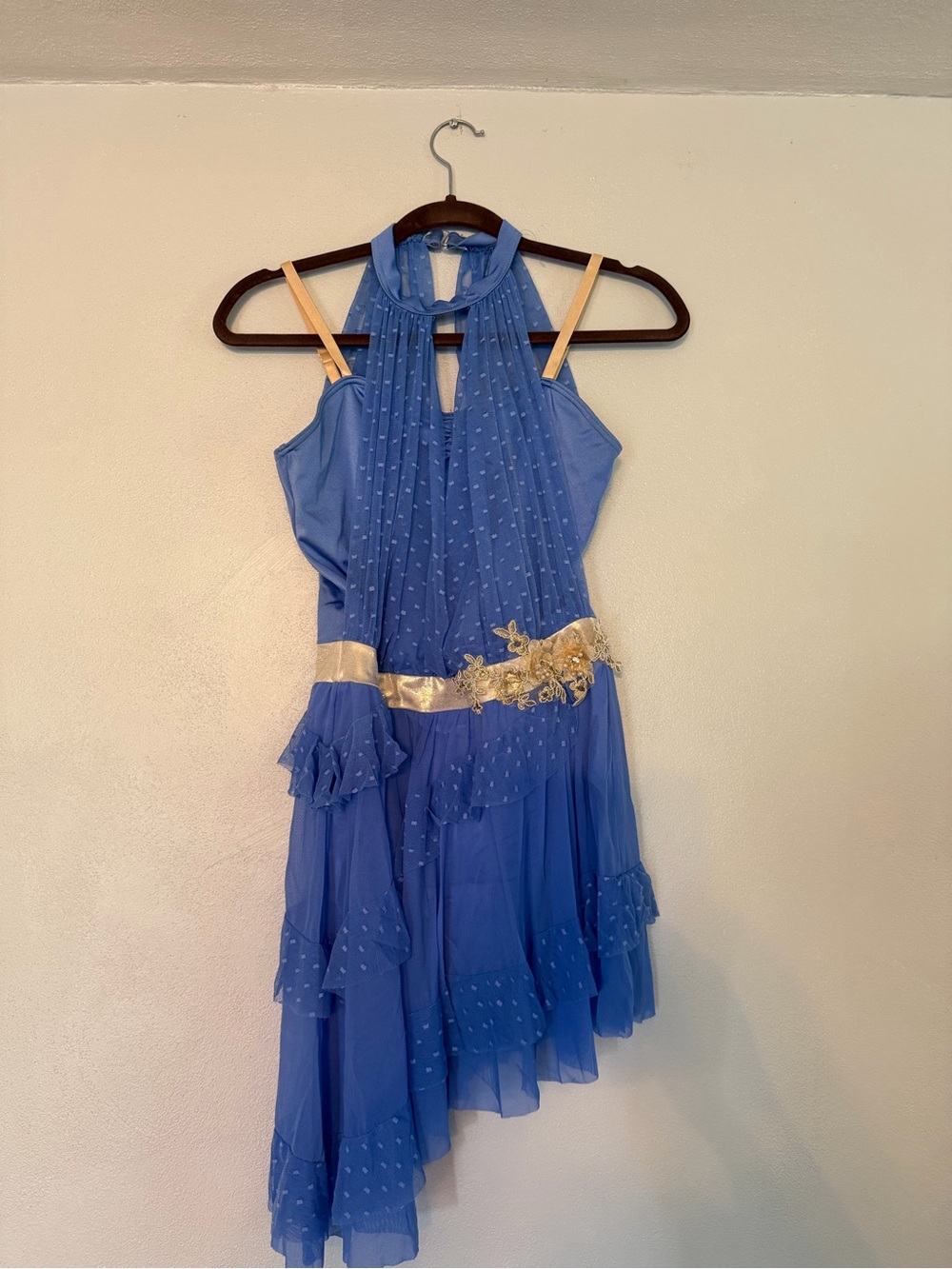 Weissman Blue Halter Dance Dress with Gold Sash